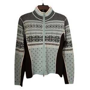 Obermeyer Zip Front Snowflake Print Wool Blend Ski Sweater Size M
